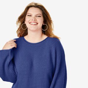 Ribbed Scoopneck Sweater w/Flared Sleeves - Blue